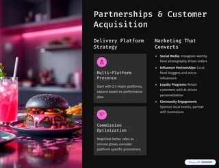 Partnerships & Customer
Acquisition
Delivery Platform
Strategy
Multi-Platform
Presence
Start with 2-3 major platforms,
expand based on performance
data
Commission
Optimization
Negotiate better rates as
volume grows, consider
platform-specific promotions
Marketing That
Converts
Social Media: Instagram-worthy
food photography drives orders
Influencer Partnerships: Local
food bloggers and micro-
influencers
Loyalty Programs: Retain
customers with AI-driven
personalization
Community Engagement:
Sponsor local events, partner
with businesses
 