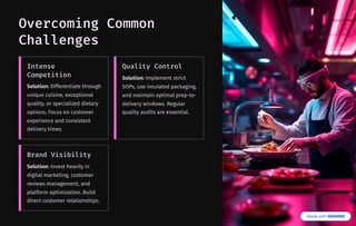 Overcoming Common
Challenges
Intense
Competition
Solution: Differentiate through
unique cuisine, exceptional
quality, or specialized dietary
options. Focus on customer
experience and consistent
delivery times.
Quality Control
Solution: Implement strict
SOPs, use insulated packaging,
and maintain optimal prep-to-
delivery windows. Regular
quality audits are essential.
Brand Visibility
Solution: Invest heavily in
digital marketing, customer
reviews management, and
platform optimization. Build
direct customer relationships.
 