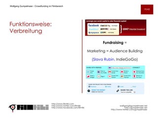 Funktionsweise: Verbreitung http://www.filmtiki.com http://www.twitter.com/filmtiki  http://www.facebook.com/filmtiki Wolfgang Gumpelmaier -  Crowdfunding im Filmbereich   [email_address] http://gumpelmaier.net http://www.twitter.com/gumpelmaier Fundraising  =  Marketing = Audience Building  ( Slava  Rubin,  IndieGoGo )  19/43 