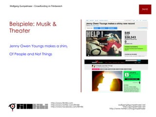 Beispiele: Musik & Theater Jenny Owen Youngs makes a shiny new record Of People and Not Things http://www.filmtiki.com http://www.twitter.com/filmtiki  http://www.facebook.com/filmtiki Wolfgang Gumpelmaier -  Crowdfunding im Filmbereich   [email_address] http://gumpelmaier.net http://www.twitter.com/gumpelmaier 34/43 