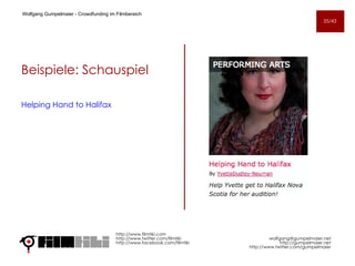 Beispiele: Schauspiel Helping Hand to Halifax http://www.filmtiki.com http://www.twitter.com/filmtiki  http://www.facebook.com/filmtiki Wolfgang Gumpelmaier -  Crowdfunding im Filmbereich   [email_address] http://gumpelmaier.net http://www.twitter.com/gumpelmaier 35/43 