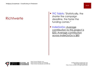 Richtwerte TFC Tidbits : "Statistically, the shorter the campaign deadline, the faster the funding comes.“ IndieGoGo :  Average contribution to this project is $33; Average contribution across IndieGoGo is $85 http://www.filmtiki.com http://www.twitter.com/filmtiki  http://www.facebook.com/filmtiki Wolfgang Gumpelmaier -  Crowdfunding im Filmbereich   [email_address] http://gumpelmaier.net http://www.twitter.com/gumpelmaier 40/43 