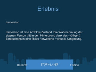 Erlebnis

Immersion


Immersion ist eine Art Flow-Zustand. Die Wahrnehmung der
eigenen Person tritt in den Hintergrund dank des (völligen)
Eintauchens in eine fiktive / erweiterte / virtuelle Umgebung.




         Realität           STORY-LAYER             Fiktion
 