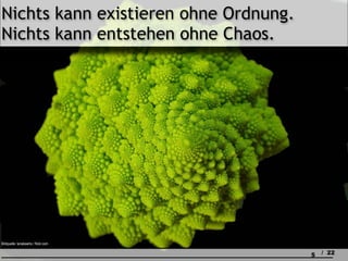 Nichts kann existieren ohne Ordnung.
Nichts kann entstehen ohne Chaos.




Bildquelle: tanakawho / flickr.com

                                       5   / 22
 