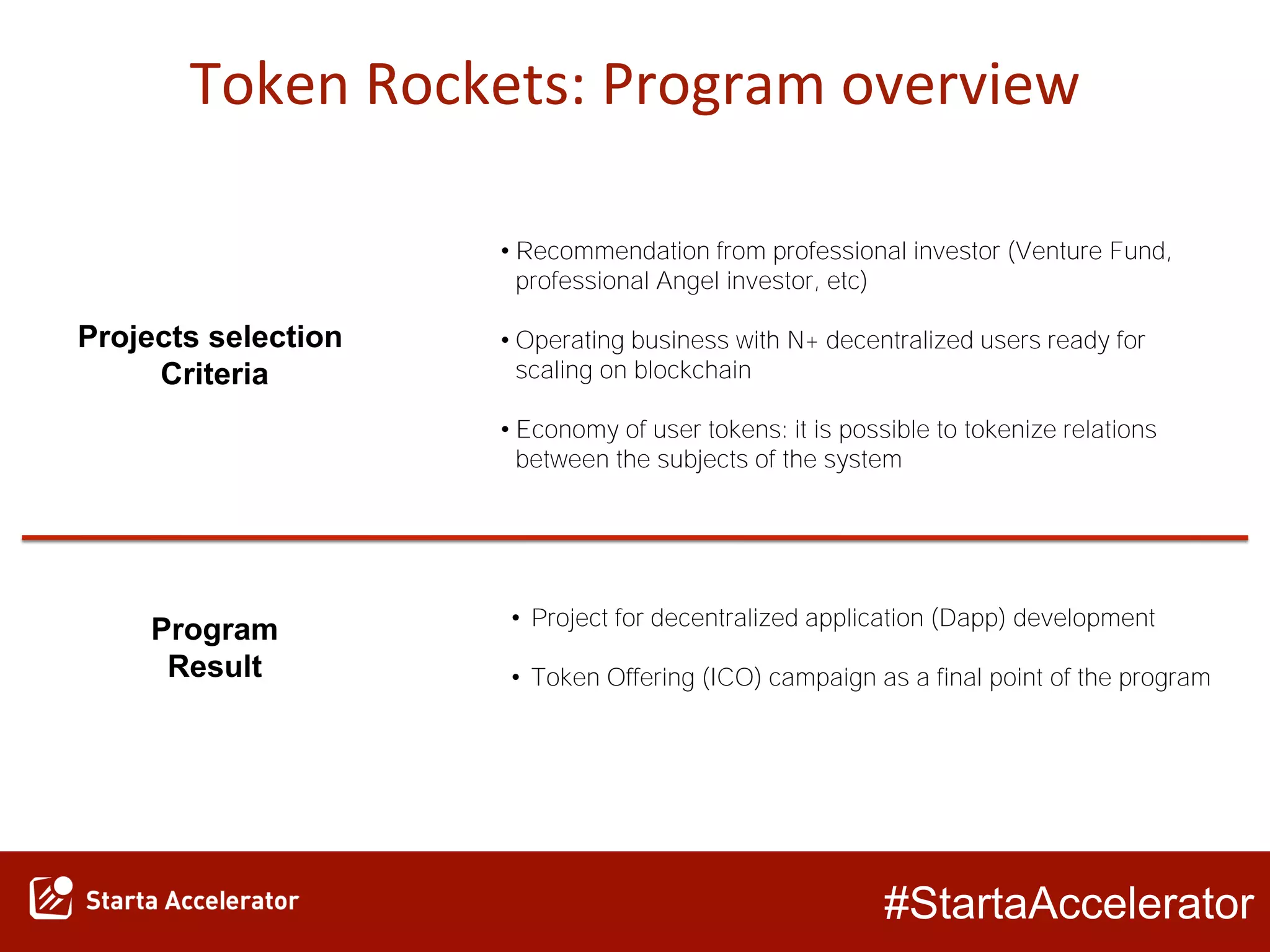 #StartaAccelerator
Token Rockets: Program overview
• Recommendation from professional investor (Venture Fund,
professional Angel investor, etc)
• Operating business with N+ decentralized users ready for
scaling on blockchain
• Economy of user tokens: it is possible to tokenize relations
between the subjects of the system
Projects selection
Criteria
• Project for decentralized application (Dapp) development
• Token Offering (ICO) campaign as a final point of the program
Program
Result
 