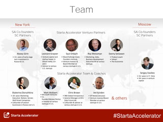 #StartaAccelerator
Team
SA Co-founders
SC Partners
Alexey Girin
Ekaterina Dorozhkina
Starta Accelerator Venture Partners
Leonard Grayver Danny SetiawanRoy WeissmanSaul Orbach
Matt Wallaert Jed Sunden
New York Moscow
Sergey Vasiliev
• Product coach
• Yahoo!
• The Economist
• Microsoft Ventures
• Co-
founder/Advisor/Ventur
e Investor at various
startups in U.S.
• Marketing, Sales,
Business development
Executive/VP at various
startups
• KP Media (Ukraine)
• Venture investor/Board
Member at various
startups in U.S.
• MassChallenge Israel,
Founders Institute
• Venture investor &
Board Member at
various startups in U.S.
Chris Brown
• IBM Global Entrepreneur
• General Manager at NYU
Data Future lab
• Cofounder & advisor at
various startups in U.S.
Starta Accelerator Team & Coaches
• Venture capital and
startup lawyer in
Silicon Valley 15+
years
• Advisor to various
U.S. startups
SA Co-founders
SC Partners
& others
• 15+ years of early stage
tech investment in
Russia & U.S.
• 10+ years Marketing
Executive: Nielsen, Servier,
Wall Street Companies
• Cofounder of several
businesses in Russia and U.S.
• 15+ years in IT, Telco
• 10+ years in venture
capital
 