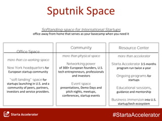 #StartaAccelerator
Sputnik Space
Office Space
more than co-working space
New York headquarters for
European startup community
"soft landing" space for
startups launching in U.S. and a
community of peers, partners,
investors and service providers.
Community
more than physical space
Networking power
of 300+ European founders, U.S.
tech entrepreneurs, professionals
and investors
Event space
presentations, Demo Days and
pitch nights, meetups,
conferences, startup events
Resource Center
more than accelerator
Starta Accelerator 3.5 months
program run twice a year
Ongoing programs for
startups
Educational sessions,
guidance and mentorship
Business immersion into U.S.
startup/tech ecosystem
Softlanding space for International Startups
office away from home that serves as your basecamp when you need it
 