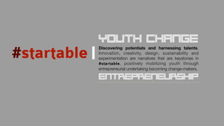 #startable
Discovering potentials and harnessing talents.
Innovation, creativity, design, sustainability and
experimentation are narratives that are keystones in
#startable, positively mobilizing youth through
entrepreneurial undertaking becoming change-makers.
YOUTH
ENTREPRENEURSHIP
CHANGE
 