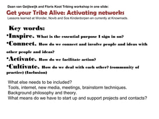 Daan van Geijlswijk and Floris Koot Tribing workshop in one slide:

Get your Tribe Alive: Activating networks
Lessons learned at Wonder, Novib and Sos Kinderdorpen en currently at Knowmads.


 Key words:
●
 Inspire. What is the essential purpose I sign in on?
●
 Connect. How do we connect and involve people and ideas with
other people and ideas?
●
 Activate. How do we facilitate action?
●
 Cultivate. How do we deal with each other? (community of
practice) (Inclusion)

What else needs to be included?
Tools, internet, new media, meetings, brainstorm techniques.
Background philosophy and theory.
What means do we have to start up and support projects and contacts?
 