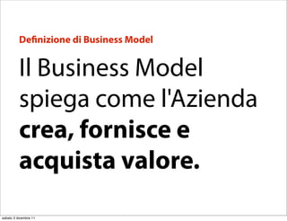 De nizione di Business Model


          Il Business Model
          spiega come l'Azienda
          crea, fornisce e
          acquista valore.
sabato 3 dicembre 11
 