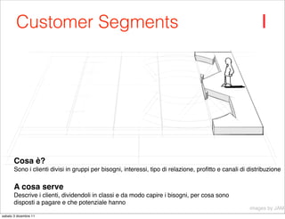 Customer Segments                                                                                 1




       Cosa è?
       Sono i clienti divisi in gruppi per bisogni, interessi, tipo di relazione, proﬁtto e canali di distribuzione

       A cosa serve
       Descrive i clienti, dividendoli in classi e da modo capire i bisogni, per cosa sono
       disposti a pagare e che potenziale hanno
                                                                                                      images by JAM
sabato 3 dicembre 11
 