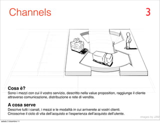 Channels                                                                                          3




       Cosa è?
       Sono i mezzi con cui il vostro servizio, descritto nella value proposition, raggiunge il cliente
       attraverso comunicazione, distribuzione e rete di vendita.

       A cosa serve
       Descrive tutti i canali, i mezzi e le modalità in cui arriverete ai vostri clienti.
       Circoscrive il ciclo di vita dell’acquisto e l’esperienza dell’acquisto dell’utente.
                                                                                                   images by JAM
sabato 3 dicembre 11
 
