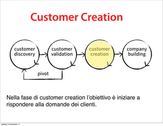 this business model testing process is
          calledCustomer Creation
                 Customer Development

             customer            customer     customer    company
             discovery           validation    creation    building


                         pivot



     Nella fase di customer creation l’obiettivo è iniziare a
     rispondere alla domande dei clienti.


sabato 3 dicembre 11
 