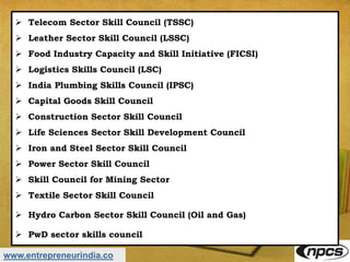 www.entrepreneurindia.co
 Telecom Sector Skill Council (TSSC)
 Leather Sector Skill Council (LSSC)
 Food Industry Capacity and Skill Initiative (FICSI)
 Logistics Skills Council (LSC)
 India Plumbing Skills Council (IPSC)
 Capital Goods Skill Council
 Construction Sector Skill Council
 Life Sciences Sector Skill Development Council
 Iron and Steel Sector Skill Council
 Power Sector Skill Council
 Skill Council for Mining Sector
 Textile Sector Skill Council
 Hydro Carbon Sector Skill Council (Oil and Gas)
 PwD sector skills council
 
