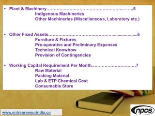 • Plant & Machinery……………………………………………..……..5
Indigenous Machineries
Other Machineries (Miscellaneous, Laboratory etc.)
• Other Fixed Assets………………………………………..........….......6
Furniture & Fixtures
Pre-operative and Preliminary Expenses
Technical Knowhow
Provision of Contingencies
• Working Capital Requirement Per Month……………………….…7
Raw Material
Packing Material
Lab & ETP Chemical Cost
Consumable Store
www.entrepreneurindia.co
 