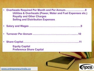 • Overheads Required Per Month and Per Annum………….…….…8
Utilities & Overheads (Power, Water and Fuel Expenses etc.)
Royalty and Other Charges
Selling and Distribution Expenses
• Salary and Wages …………………………………………....……..9
• Turnover Per Annum ……………………………………….....…10
• Share Capital…………………………………………………….....11
Equity Capital
Preference Share Capital
www.entrepreneurindia.co
 
