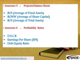• Annexure 5 :: Projected Balance Sheets
 ROI (Average of Fixed Assets)
 RONW (Average of Share Capital)
 ROI (Average of Total Assets)
• Annexure 6 :: Profitability Ratios
 D.S.C.R
 Earnings Per Share (EPS)
 Debt Equity Ratio
www.entrepreneurindia.co
 