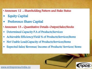 • Annexure 12 :: Shareholding Pattern and Stake Status
 Equity Capital
 Preference Share Capital
• Annexure 13 :: Quantitative Details-Output/Sales/Stocks
 Determined Capacity P.A of Products/Services
 Achievable Efficiency/Yield % of Products/Services/Items
 Net Usable Load/Capacity of Products/Services/Items
 Expected Sales/ Revenue/ Income of Products/ Services/ Items
www.entrepreneurindia.co
 