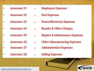 • Annexure 21 :: Employees Expenses
• Annexure 22 :: Fuel Expenses
• Annexure 23 :: Power/Electricity Expenses
• Annexure 24 :: Royalty & Other Charges
• Annexure 25 :: Repairs & Maintenance Expenses
• Annexure 26 :: Other Manufacturing Expenses
• Annexure 27 :: Administration Expenses
• Annexure 28 :: Selling Expenses
www.entrepreneurindia.co
 