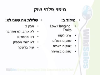 ‫שוק‬ ‫פלחי‬ ‫מיפוי‬
•‫לא‬ ‫שאני‬ ‫מה‬ ‫שלילת‬:
•‫בו‬ ‫מבין‬
•‫אוהב‬ ‫לא‬,‫מתחבר‬ ‫לא‬
•‫מתחרים‬ ‫רווי‬
•‫מספיק‬ ‫רווחי‬ ‫לא‬
•‫בדעיכה‬ ‫שוק‬
•‫ב‬ ‫מיקוד‬:
•Low Hanging
Fruits
•‫לקוח‬ ‫צרכי‬
•‫בשלים‬ ‫שווקים‬
•‫רעבים‬ ‫שווקים‬
•‫בצמיחה‬ ‫שווקים‬
 
