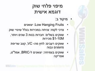 ‫שוק‬ ‫פלחי‬ ‫מיפוי‬
‫אישית‬ ‫דוגמא‬
•‫ב‬ ‫מיקוד‬:
•Low Hanging Fruits:‫יצואנים‬
•‫לקוח‬ ‫צרכי‬:‫שוק‬ ‫שינויי‬ ‫בגלל‬ ‫במכירות‬ ‫צניחה‬
•‫בשלים‬ ‫שווקים‬:‫בנות‬ ‫חברות‬3‫ויותר‬ ‫שנים‬,
M1-10$‫מכירות‬
•‫רעבים‬ ‫שווקים‬:‫מה‬ ‫לחץ‬-VC,‫שריפת‬ ‫קצב‬
‫גבוה‬ ‫מזומנים‬
•‫בצמיחה‬ ‫שווקים‬:‫ל‬ ‫יצואנים‬-BRIC,‫אמל‬"‫ט‬,
‫אפריקה‬
 