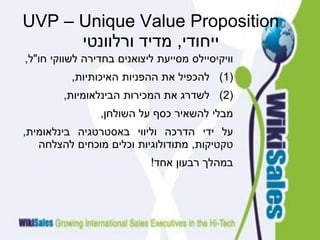 UVP – Unique Value Proposition
‫ייחודי‬,‫ורלוונטי‬ ‫מדיד‬
‫וויקיסיילס‬‫מסייעת‬‫ליצואנים‬‫בחדירה‬‫לשווקי‬‫חו‬"‫ל‬,
(1)‫להכפיל‬‫את‬‫ההפניות‬‫האיכותיות‬,
(2)‫לשדרג‬‫את‬‫המכירות‬‫הבינלאומיות‬,
‫מבלי‬‫להשאיר‬‫כסף‬‫על‬‫השולחן‬,
‫על‬‫ידי‬‫הדרכה‬‫וליווי‬‫באסטרטגיה‬‫בינלאומית‬,
‫טקטיקות‬,‫מתודולוגיות‬‫וכלים‬‫מוכחים‬‫להצלחה‬
‫במהלך‬‫רבעון‬‫אחד‬!
 
