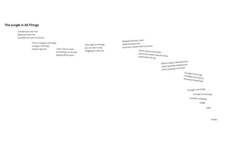Combed your hair? Ha!
Made your bed? Ha!
Scrubbed the stairs? Ha ha ha!
There’s a jungle in all things,
a jungle in all things
trying to get out... Listen, hear it crawl
and whisper in the wall,
peeling off the paint.
The jungle in all things,
you can hear it sing,
wriggling its way out!
Mopped the floors? Heh!
Oiled the doors? Ha!
Done your chores? Heh ha ha hoo!
Feel it squirm and writhe –
you'll know what creatures thriveunderneath the rug.
What’s creepy-crawling round,
what's growing underground,
what's buzzing in the tree?
A jungle in all things,it bubbles and it burns,bursting to break free!
The Jungle in All Things
A jungle in all things,
a thingle in all thungs,
a lundle in all glings,
bargle,
blee!
Ilse Bos
 