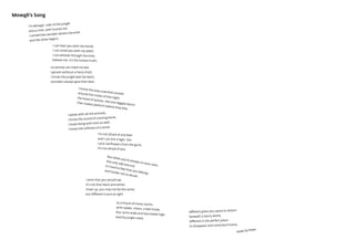 I’m Mowgli, ruler of the jungle
and a child, with human kin.
I sometimes wonder where one ends
and the other begins.
I can hear you with my hands,
I can smell you with my teeth,
I can whistle through my nose,
believe me, it’s the honest truth,
no animal can meet my eye,
I groom without a hairy chest,
I know the jungle laws by heart,
outsiders always give their best.
I know the way a panther prowlsaround the noises of the night,the howl of wolves, the one-legged dance
that snakes perform before they bite.
I speak with all the animals,
I know the sound of cracking bone,
I howl along with men as well,
I know the softness of a stone.
I’m not afraid of any bear
and I can lick a tiger, too.
I pick red flowers from the guns,
I’m not afraid of you.
But when you’re always on your own,
the only odd one out,it’s hard to feel that you belong -
and harder not to doubt.
I wish that you would say:
it’s not that black and white,
cheer up, you may not be the same,
but different is just as right
as a house of many rooms,
with tables, chairs, a bed inside,
four arms wide and two heads high,
exactly jungle-sized,
different gives you space to dream
beneath a starry dome,
different is the perfect place
to disappear and come back home.
Mowgli’s Song
Gerda De Preter
 