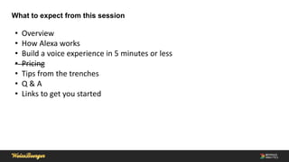What to expect from this session
• Overview
• How Alexa works
• Build a voice experience in 5 minutes or less
• Pricing
• Tips from the trenches
• Q & A
• Links to get you started
 