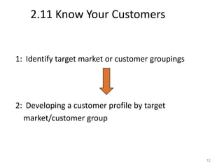 2.11 Know Your Customers


1: Identify target market or customer groupings




2: Developing a customer profile by target
  market/customer group



                                                  12
 