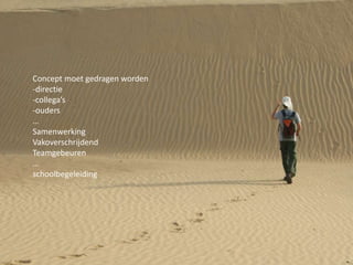 Concept moet gedragen worden
-directie
-collega’s
-ouders
…
Samenwerking
Vakoverschrijdend
Teamgebeuren
…
schoolbegeleiding

 