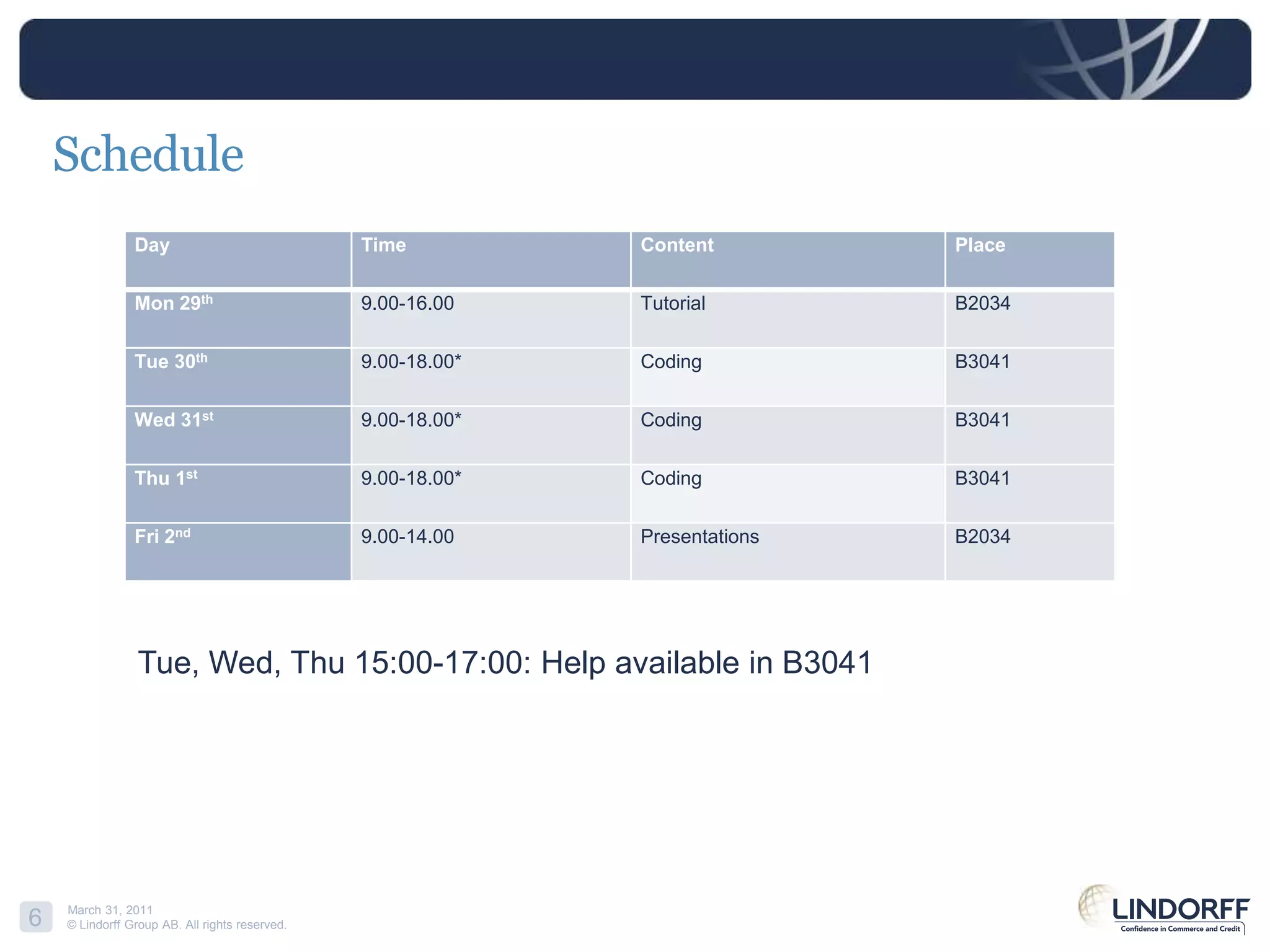 ScheduleTue, Wed, Thu 15:00-17:00: Help available in B3041