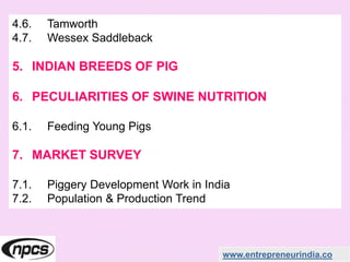 www.entrepreneurindia.co
4.6. Tamworth
4.7. Wessex Saddleback
5. INDIAN BREEDS OF PIG
6. PECULIARITIES OF SWINE NUTRITION
6.1. Feeding Young Pigs
7. MARKET SURVEY
7.1. Piggery Development Work in India
7.2. Population & Production Trend
 