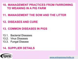 www.entrepreneurindia.co
10. MANAGEMENT PRACTICES FROM FARROWING
TO WEANING IN A PIG FARM
11. MANAGEMENT THE SOW AND THE LITTER
12. DISEASES AND CURE
13. COMMON DISEASES IN PIGS
13.1. Bacterial Diseases
13.2. Virus Diseases
13.3. Fungal Disease
14. SUPPLIER DETAILS
 