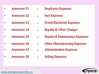 • Annexure 21 :: Employees Expenses
• Annexure 22 :: Fuel Expenses
• Annexure 23 :: Power/Electricity Expenses
• Annexure 24 :: Royalty & Other Charges
• Annexure 25 :: Repairs & Maintenance Expenses
• Annexure 26 :: Other Manufacturing Expenses
• Annexure 27 :: Administration Expenses
• Annexure 28 :: Selling Expenses
www.entrepreneurindia.co
 