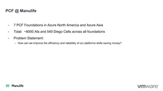 PCF @ Manulife
- 7 PCF Foundations in Azure North America and Azure Asia
- Total: ~8000 AIs and 540 Diego Cells across all foundations
- Problem Statement:
- How can we improve the efficiency and reliability of our platforms while saving money?
 