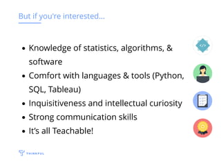 But if you're interested...
Knowledge of statistics, algorithms, &
software
Comfort with languages & tools (Python,
SQL, Tableau)
Inquisitiveness and intellectual curiosity
Strong communication skills
It’s all Teachable!
 