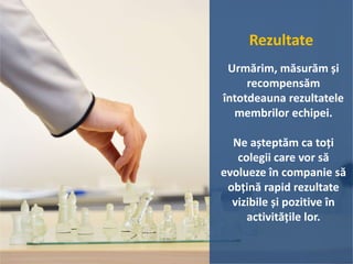 Rezultate
Urmărim, măsurăm și
recompensăm
întotdeauna rezultatele
membrilor echipei.
Ne așteptăm ca toți
colegii care vor să
evolueze în companie să
obțină rapid rezultate
vizibile și pozitive în
activitățile lor.
 