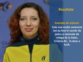 Rezultate
Exemplu de acțiune:
Cele mai multe contracte
noi au fost în număr de
patru și semnate de
colega de la Sales,
Cristina M., în doar o
lună.
 
