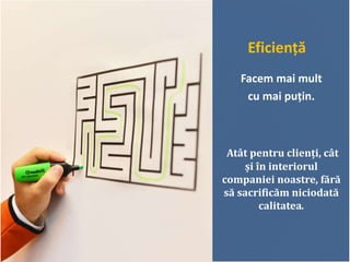 Eficiență
Facem mai mult
cu mai puțin.
Atât pentru clienți, cât
și în interiorul
companiei noastre, fără
să sacrificăm niciodată
calitatea.
 