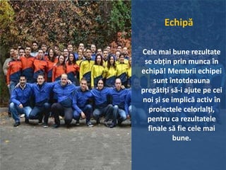 Echipă
Cele mai bune rezultate
se obțin prin munca în
echipă! Membrii echipei
sunt întotdeauna
pregătiți să-i ajute pe cei
noi și se implică activ în
proiectele celorlalți,
pentru ca rezultatele
finale să fie cele mai
bune.
 