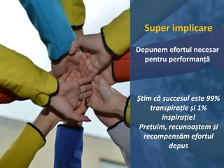 Super implicare
Depunem efortul necesar
pentru performanță
Știm că succesul este 99%
transpirație și 1%
inspirație!
Prețuim, recunoaștem și
recompensăm efortul
depus
 
