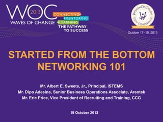 October 17–19, 2013

STARTED FROM THE BOTTOM
NETWORKING 101
Mr. Albert E. Sweets, Jr., Principal, iSTEMS
Mr. Dipo Adesina, Senior Business Operations Associate, Areotek
Mr. Eric Price, Vice President of Recruiting and Training, CCG

19 October 2013

 