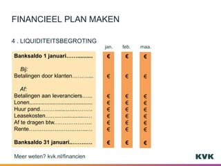 4 . LIQUIDITEITSBEGROTING
Meer weten? kvk.nl/financien
FINANCIEEL PLAN MAKEN
jan. feb. maa.
Banksaldo 1 januari……..........
Bij:
Betalingen door klanten………...
Af:
Betalingen aan leveranciers…...
Lonen.........................................
Huur pand………......…..……….
Leasekosten…….…...............…
Af te dragen btw.………………..
Rente…………………………..…
Banksaldo 31 januari..…….….
€
€
€
€
€
€
€
€
€
€
€
€
€
€
€
€
€
€
€
€
€
€
€
€
€
€
€
 