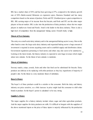 13
BIL has a market share of 38% and has been growing at 27%, compared to the industry growth
rate of 20% Battle-scarred Britannia on expansion spree, Business Standard and has many
competitors based on the nature of product. Parle and ITC (Sunfeast) pose a great competition to
BIL. BIL earning major of its income from the biscuits, and Parle and ITC are the other major
players in biscuit market. BIL is also into the production of dairy products, where the two major
players in market are Amul and Nestle. Amul is the leader in the dairy industry. There is also a
high level of competition from the unorganized baking sector. Overall rivalry is high.
Threat of New Entrants:
The entry on a small scale dairy industry and in the unorganized baking sector is easy. But on the
other hand to enter the large scale dairy industry and organized baking sector a huge amount of
investment is required in terms acquiring assets and to establish supply and distribution chains.
Government regulations pertaining to food norms and others may also seem to be unattractive.
Looking at the latest trends, the bakery industry is expected to earn huge revenues which might
attract new entrants. So the threat of new entrants is moderate.
Threat of Substitutes:
Savoury snacks, crisps, cereals, fruits and other fast food can be substituted for biscuits. Dairy
products are dubious to be replacing with other products as they key ingredients of majority of
people’s diet. So the threat is a very moderate threat of substitutes.
Buyer’s Power:
The buyer’s of these products could be a retailer or the consumer. Both the dairy and bakery
industry are price sensitive, so a little increase in price might lead the consumer to shift other
brand or product. So the buyer’s power is calculated to be very strong.
Supplier’s Power:
The major supplies for a bakery industry include wheat, sugar and other agriculture products.
And the major supplies for dairy products are milk. It’s difficult to bargain with the suppliers of
the above mentioned inputs as the price of these inputs is majorly influenced by the production
5
 