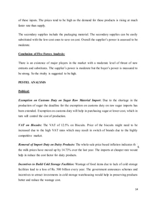 14
of these inputs. The prices tend to be high as the demand for these products is rising at much
faster rate than supply.
The secondary supplies include the packaging material. The secondary supplies can be easily
substituted with the low-cost ones to save on cost. Overall the supplier’s power is assessed to be
moderate.
Conclusion of Five Forces Analysis:
There is an existence of major players in the market with a moderate level of threat of new
entrants and substitutes. The supplier’s power is moderate but the buyer’s power is measured to
be strong. So the rivalry is suggested to be high.
PESTEL ANALYSIS
Political:
Exemption on Customs Duty on Sugar Raw Material Import: Due to the shortage in the
production of sugar the deadline for the exemption on customs duty on raw sugar imports has
been extended. Exemption on customs duty will help in purchasing sugar at lower cost, which in
turn will control the cost of production.
VAT on Biscuits: The VAT of 12.5% on Biscuits. Price of the biscuits might need to be
increased due to the high VAT rates which may result in switch of brands due to the highly
competitive market.
Removal of Import Duty on Dairy Products: The whole-sale price based inflation indicates that
the milk prices have moved up by 14.73% over the last year. The imports at cheaper rate would
help in reduce the cost factor for dairy products.
Incentives to Build Cold Storage Facilities: Wastage of food items due to lack of cold storage
facilities lead to a loss of Rs. 500 billion every year. The government announces schemes and
incentives to attract investments in cold storage warehousing would help in preserving products
better and reduce the wastage cost.
6
 