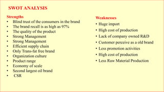 SWOT ANALYSIS
Strengths
• Blind trust of the consumers in the brand
• The brand recall is as high as 97%
• The quality of the product
• Strong Management
• Strong Management
• Efficient supply chain
• Only Trans-fat free brand
• Organization culture
• Product range
• Economy of scale
• Second largest oil brand
• CSR
Weaknesses
• Huge import
• High cost of production
• Lack of company owned R&D
• Customer perceive as a old brand
• Less promotion activities
• High cost of production
• Less Raw Material Production
 