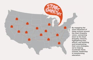 By engaging the
most influential of
these schools around
the Start Empathy
vision, connecting
them to the Start
Empathy network,
highlighting their
efforts, and distilling
and broadcasting
their core strategies,
we’re helping
accelerate these
schools’ leadership
in transforming
education.
 
