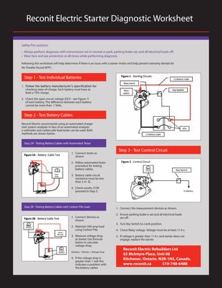 Reconit Electric Starter Diagnostic Worksheet
Safety Pre-cautions:
• Always perform diagnosis with transmission set in neutral or park, parking brake set, and all electrical loads off.
• Wear face and eye protection at all times while performing diagnosis.
Following this worksheet will help determine if there is an issue with a starter motor and help prevent warranty denials for
No Trouble Found (NTF) .
1.
checking state-of-charge. Each battery must have at
least a 75% charge.
2. Check the open circuit voltage (OCV - see Figure 1)
of each battery. The difference between each battery
cannot be more than .1 Volts.
1. Connect the measurement devices as shown.
2. Ensure parking brake is set and all electrical loads
are off.
3. Turn Key Switch to crank position.
4. Check Relay voltage. Voltage must be at least 11.4 v.
5. If voltage is greater than 11.4 v and starter does not
engage, replace the starter.
Reconit Electric Rebuilders Ltd
63 McIntyre Place, Unit 08
Kitchener, Ontario. N2R-1H5, Canada.
www.reconit.ca 519-748-6488
Reconit Electric recommends using an automated charge/
start system analyzer. In-lieu of an automated analyzer,
a voltmeter and carbon pile load tester can be used. Both
methods are shown below.
1. Connect tester as
shown.
2. Follow automated tester
procedure for testing
battery cables.
3. Battery cable circuit
resistance must be less
than 2 m Ω.
4. Check results, if OK
proceed to Step 3.
1. Connect devices as
shown.
2. Maintain 500 amp load
using Carbon Pile.
3. Measure voltage drop
at starter. Use formula
below to calculate
voltage drop.
Vbattery - VStarter = Voltage Drop
4. If the voltage drop is
greater than 1 volt this
indicates a problem with
the battery cables.
Step 1 - Test Individual Batteries
Step 3 - Test Control Circuit
Step 2 - Test Battery Cables
Step 2A - Testing Battery Cables with Automated Tester
Step 2B - Testing Battery Cables with Carbon Pile Load
 