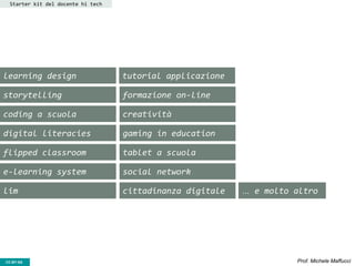 CC-BY- Prof. Michele MaffucciCC-BY-SA
Starter kit del docente hi tech
learning design
storytelling
coding a scuola
digital literacies
flipped classroom
e-learning system
lim cittadinanza digitale
social network
tablet a scuola
gaming in education
creatività
tutorial applicazione
formazione on-line
… e molto altro
 